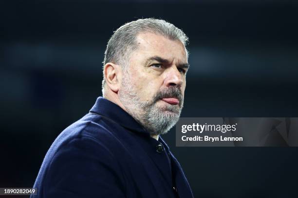 Ange Postecoglou, Manager of Tottenham Hotspur, looks on prior to the Premier League match between Brighton & Hove Albion and Tottenham Hotspur at...