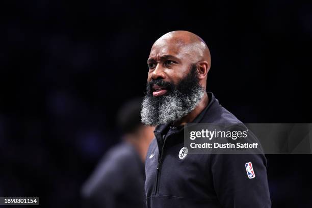 Jacque Vaughn head coach of the Brooklyn Nets looks on during the fourth quarter of the game against the Milwaukee Bucks at Barclays Center on...