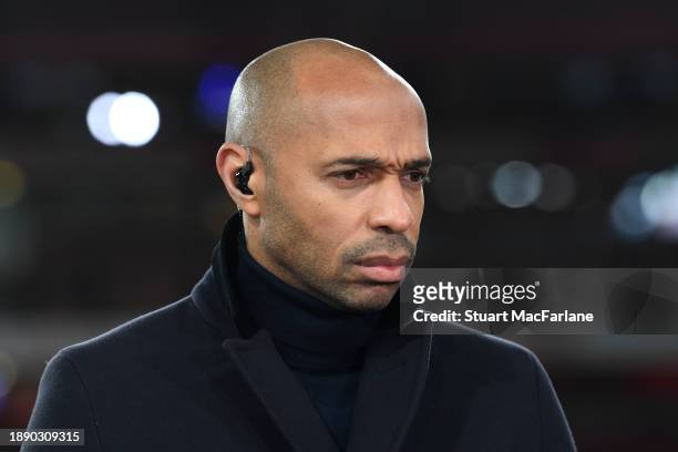 Former Footballer Thierry Henry looks on as he presents on Amazon Prime Video prior to the Premier League match between Arsenal FC and West Ham...