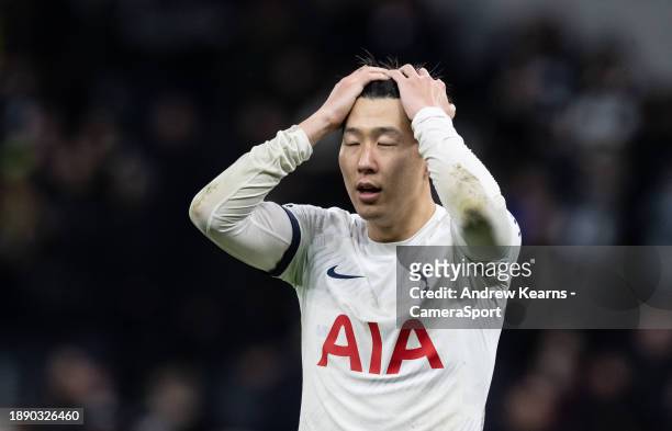 Tottenham Hotspur's Son Heung-Min looks relieved at the end of the match during the Premier League match between Tottenham Hotspur and AFC...