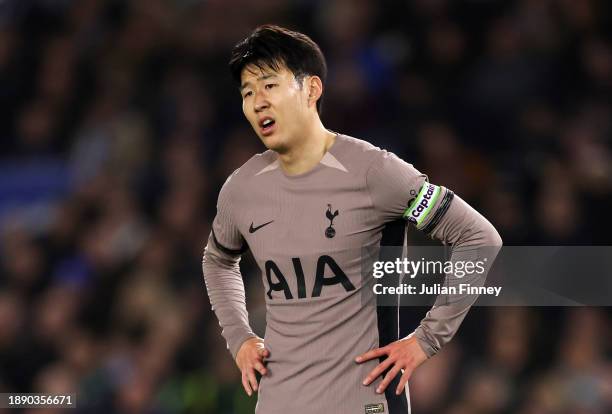 Son Heung-Min of Tottenham Hotspur reacts during the Premier League match between Brighton & Hove Albion and Tottenham Hotspur at American Express...