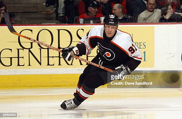 Jeremy Roenick of the Philadelphia Flyers skates against the Ottawa Senators at Corel Centre on February 6, 2003 in Kanata, Ontario, Canada. The...