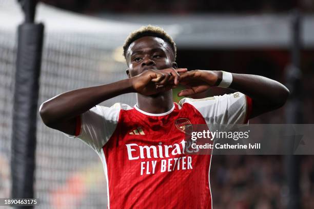 Bukayo Saka of Arsenal reacts after a missed opportunity during the Premier League match between Arsenal FC and West Ham United at Emirates Stadium...