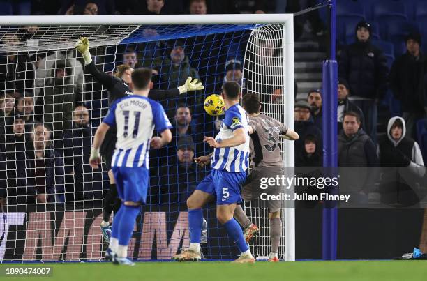 Ben Davies of Tottenham Hotspur scores their team's second goal whilst under pressure from Lewis Dunk of Brighton & Hove Albion as Jason Steele of...
