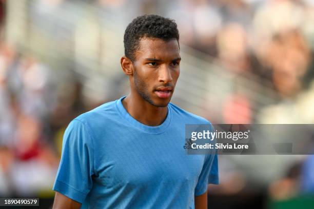 Felix Auger-Aliassime of the Canada gestures in his men's singles second round match against Alejandro Davidovich Fokina of Spain during day three of...