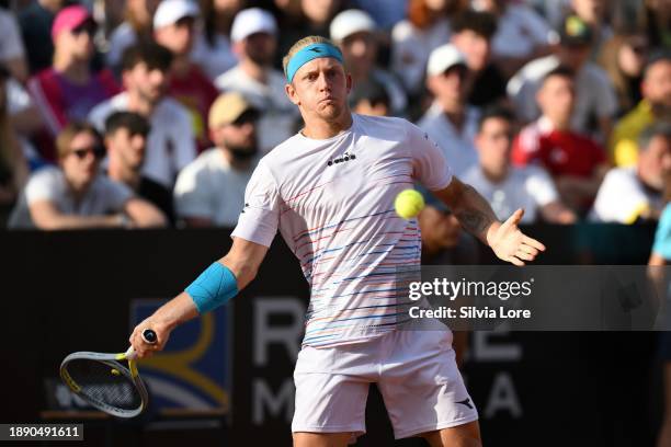 Alejandro Davidovich Fokina of Spain plays a forehand in his men's singles second round match against Felix Auger-Aliassime of the Canada during day...