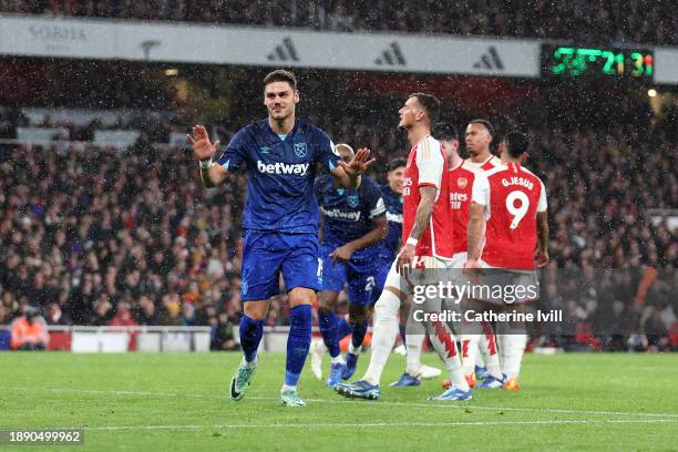 Konstantinos Mavropanos of West Ham United celebrates after scoring their team's second goal during the Premier League match between Arsenal FC and...