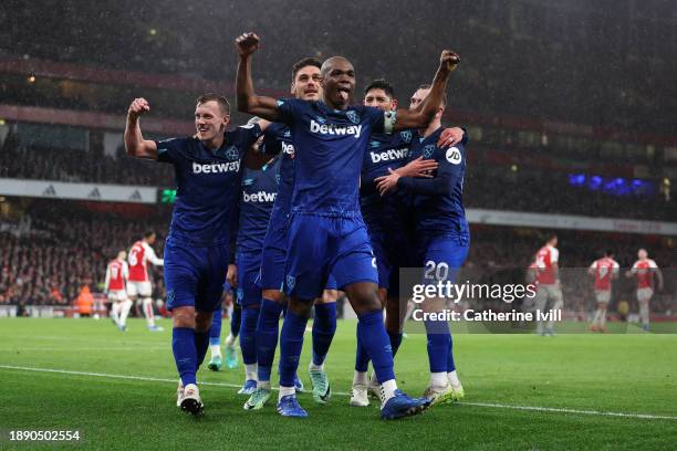 Konstantinos Mavropanos of West Ham United celebrates after scoring their team's second goal with teammates during the Premier League match between...