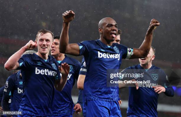 Angelo Ogbonna of West Ham United celebrates after Konstantinos Mavropanos of West Ham United scores their team's second goal during the Premier...