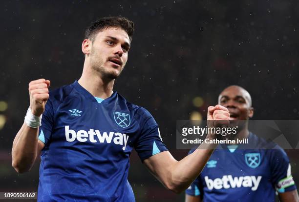 Konstantinos Mavropanos of West Ham United celebrates after scoring their team's second goal during the Premier League match between Arsenal FC and...