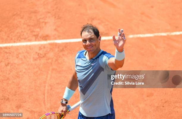 Rafael Nadal of Spain plays celebrates the victory to John Isner of USA in their 2nd Round Singles match on day three of the Internazionali BNL...