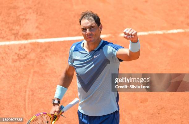 Rafael Nadal of Spain plays celebrates the victory to John Isner of USA in their 2nd Round Singles match on day three of the Internazionali BNL...