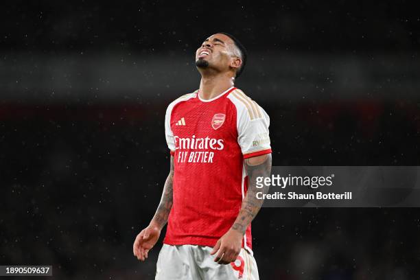 Gabriel Jesus of Arsenal reacts during the Premier League match between Arsenal FC and West Ham United at Emirates Stadium on December 28, 2023 in...