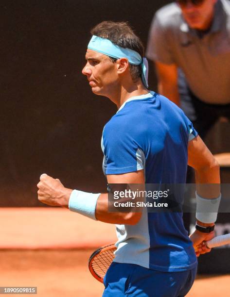 Rafael Nadal of Spain plays celebrates the victory to John Isner of USA in their 2nd Round Singles match on day three of the Internazionali BNL...