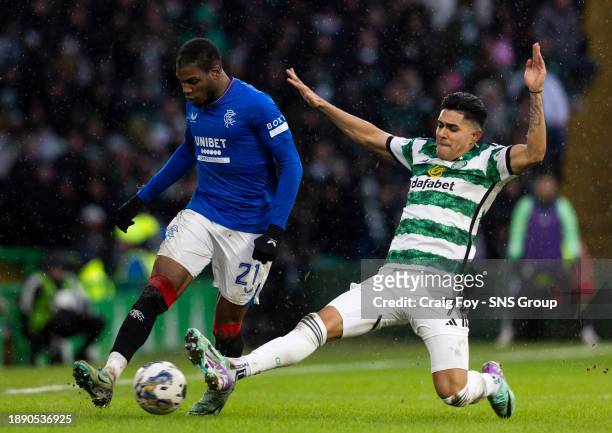 Dijon Sterling and Luis Palma battle for the ball during a cinch Premiership match between Celtic and Rangers at Celtic Park, on December 30 in...