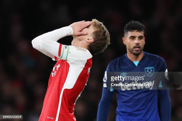 Martin Odegaard of Arsenal reacts during the Premier League match between Arsenal FC and West Ham United at Emirates Stadium on December 28, 2023 in...