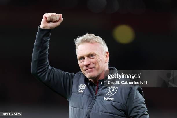 David Moyes, Manager of West Ham United, celebrates in front of the West Ham United fans after defeating Arsenal during the Premier League match...