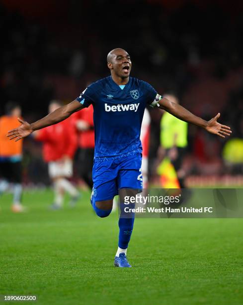 Angelo Ogbonna of West Ham United celebrates following the final whistle in the Premier League match between Arsenal FC and West Ham United at...