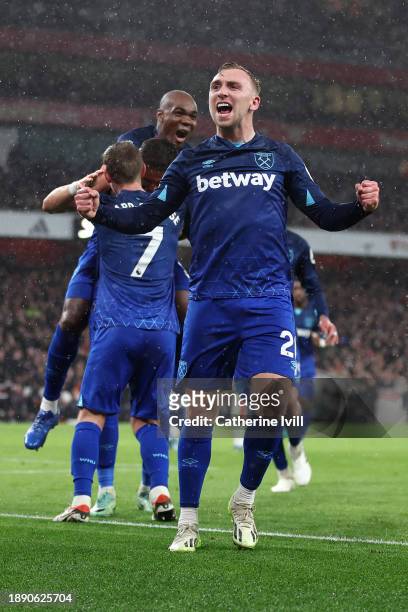 Jarrod Bowen of West Ham United celebrates after Konstantinos Mavropanos of West Ham United scores their team's second goal during the Premier League...
