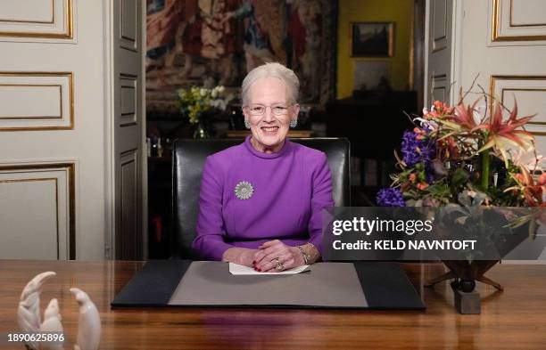 Queen Margrethe II of Denmark gives a New Year's speech from Christian IX's Palace, Amalienborg Castle, in Copenhagen, Denmark, on December 31...