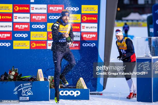 Perttu Hyvarinen of Finland celebrates after the award ceremony for winning the FIS World Cup Cross - Country Tour de Ski 10km on December 31, 2023...