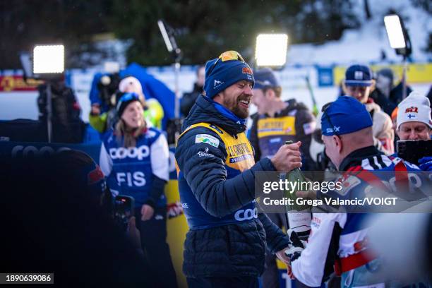 Perttu Hyvarinen of Finland celebrates after the award ceremony for winning the FIS World Cup Cross - Country Tour de Ski 10km on December 31, 2023...