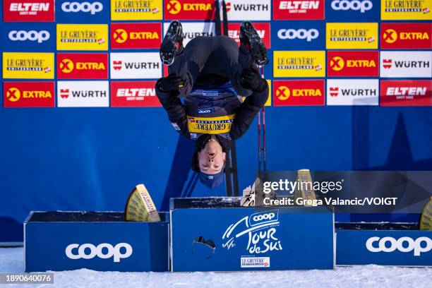 Ben Ogden of the United States celebrates at the award ceremony for the pointleader at the tour de ski after the FIS World Cup Cross - Country Tour...