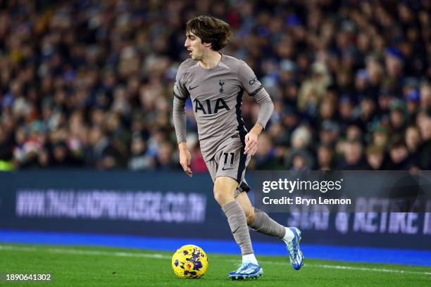 Bryan Gil of Tottenham Hoptspur in action during the Premier League match between Brighton & Hove Albion and Tottenham Hotspur at American Express...