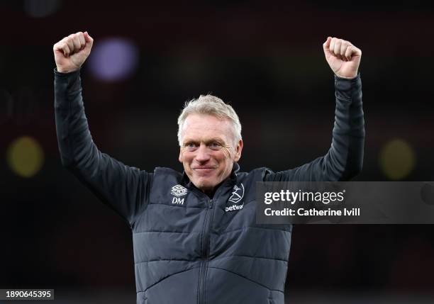 David Moyes, Manager of West Ham United, celebrates the win after the Premier League match between Arsenal FC and West Ham United at Emirates Stadium...