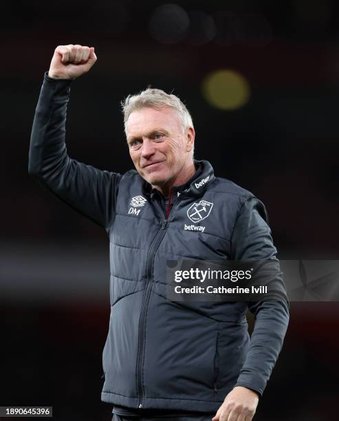 David Moyes, Manager of West Ham United, celebrates the win after the Premier League match between Arsenal FC and West Ham United at Emirates Stadium...