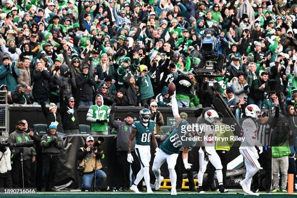 Dallas Goedert of the Philadelphia Eagles reacts after scoring a touchdown during the second half against the Arizona Cardinals at Lincoln Financial...