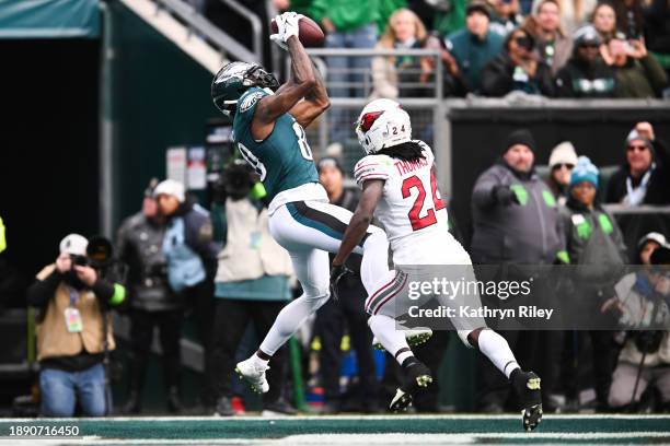 Julio Jones of the Philadelphia Eagles catches a pass for a touchdown during the first half against the Arizona Cardinals at Lincoln Financial Field...