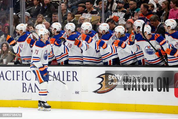 Ryan McLeod of the Edmonton Oilers celebrates his goal with teammates during the first period against the Anaheim Ducks at Honda Center on December...
