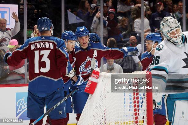 Valeri Nichushkin, Nathan MacKinnon, Mikko Rantanen and Jonathan Drouin of the Colorado Avalanche celebrate a goal against goaltender Kaapo Kahkonen...