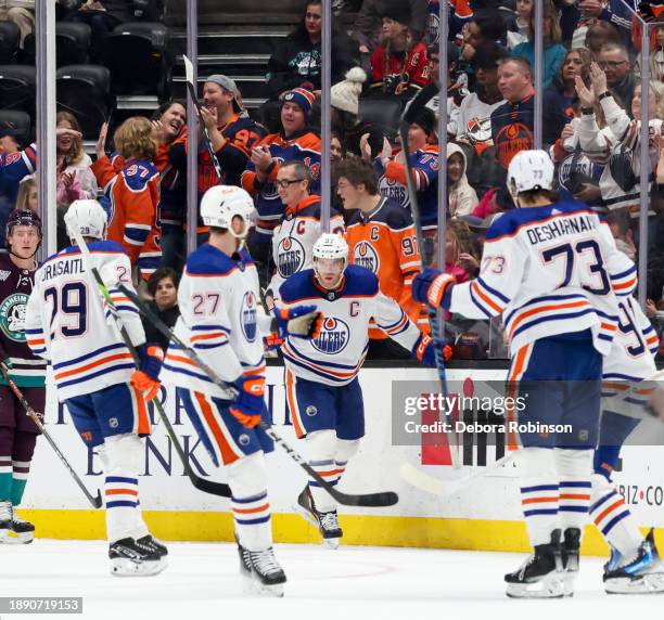 Evander Kane of the Edmonton Oilers celebrates his goal with teammates during the first period against the Anaheim Ducks at Honda Center on December...