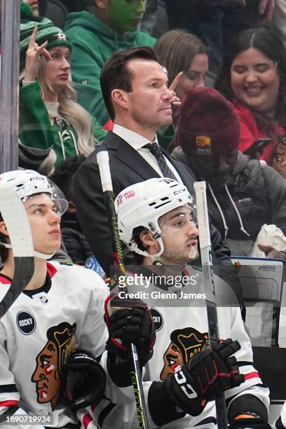 Luke Richardson watches the action from behind the bench against the Dallas Stars at the American Airlines Center on December 31, 2023 in Dallas,...