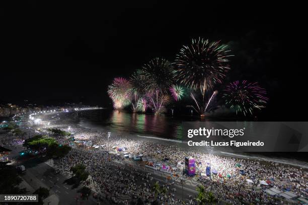 Fireworks during New Year's Eve Celebration at Copacabana beach on January 1, 2024 in Rio de Janeiro, Brazil.