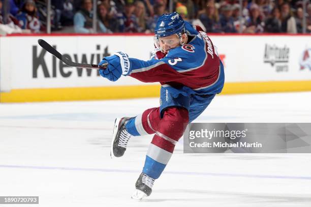 Jack Johnson of the Colorado Avalanche shoots against the San Jose Sharks at Ball Arena on December 31, 2023 in Denver, Colorado.