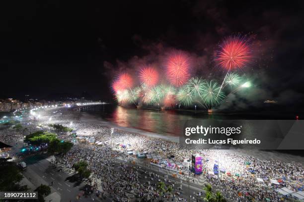 Fireworks during New Year's Eve Celebration at Copacabana beach on January 1, 2024 in Rio de Janeiro, Brazil.