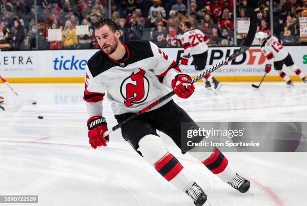 New Jersey Devils defenseman Brendan Smith skates during warm up before a game between the Boston Bruins and the New Jersey Devils on December 30 at...