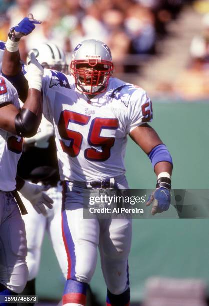 Defensive End Willie McGinest of the New England Patriots sacks Quarterback Tom Tupa of the New York Jets in the game between the New England...