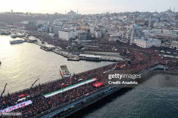 An aerial view of the Galata Bridge after tens of thousands of participants gathered in mosques for morning prayers and march during an event for the...