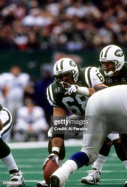 Center Kevin Mawae of the New York Jets directs a play in the game between the Seattle Seahawks vs the New York Jets at The Meadowlands on January 2,...