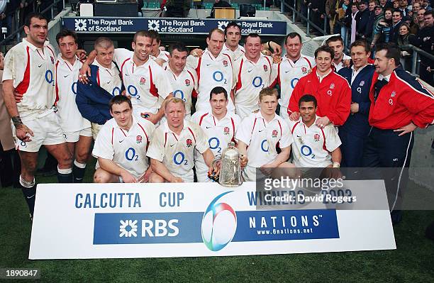 The England players celebrate after winning the Calcutta Cup during the RBS Six Nations Championship match between England and Scotland held on March...