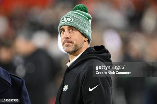 Aaron Rodgers of the New York Jets looks on prior to playing the Cleveland Browns at Cleveland Browns Stadium on December 28, 2023 in Cleveland, Ohio.