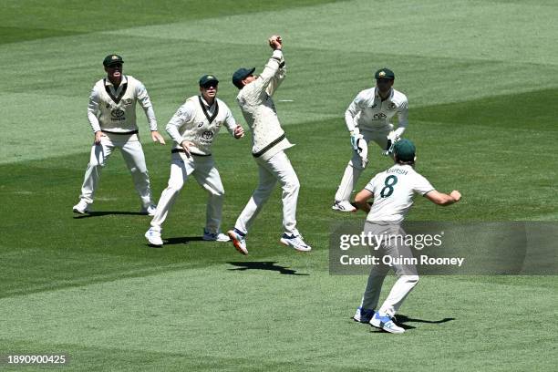 Usman Khawaja of Australia takes a catch to dismiss Abdullah Shafique of Pakistan during day four of the Second Test Match between Australia and...