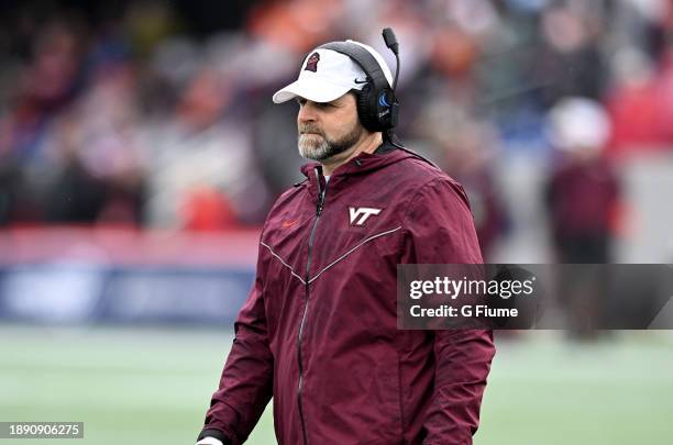 Head coach Brent Pry of the Virginia Tech Hokies watches the game against the Tulane Green Wave during the Military Bowl presented by GoBowling.com...