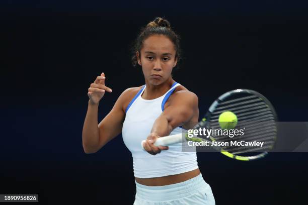 Leylah Fernandez of Canada practices on-court ahead of the 2024 United Cup at Ken Rosewall Arena on December 29, 2023 in Sydney, Australia.