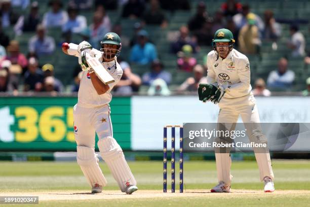 Shan Masood of Pakistan plays a shot during day four of the Second Test Match between Australia and Pakistan at Melbourne Cricket Ground on December...