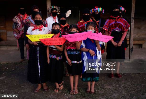 Musicians from the Zapatista Army of National Liberation are performing during the 30th Anniversary of the Zapatista uprising at El Caracol Rebeldia...